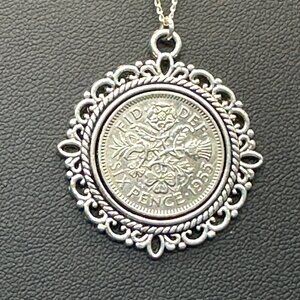 Sterling Chain 1955 Sixpence Coin Pendant Necklace
